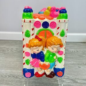 Vintage Coin Bank Kitschy Colorful Neon Chalkware Boy Girl Love Candy Castle